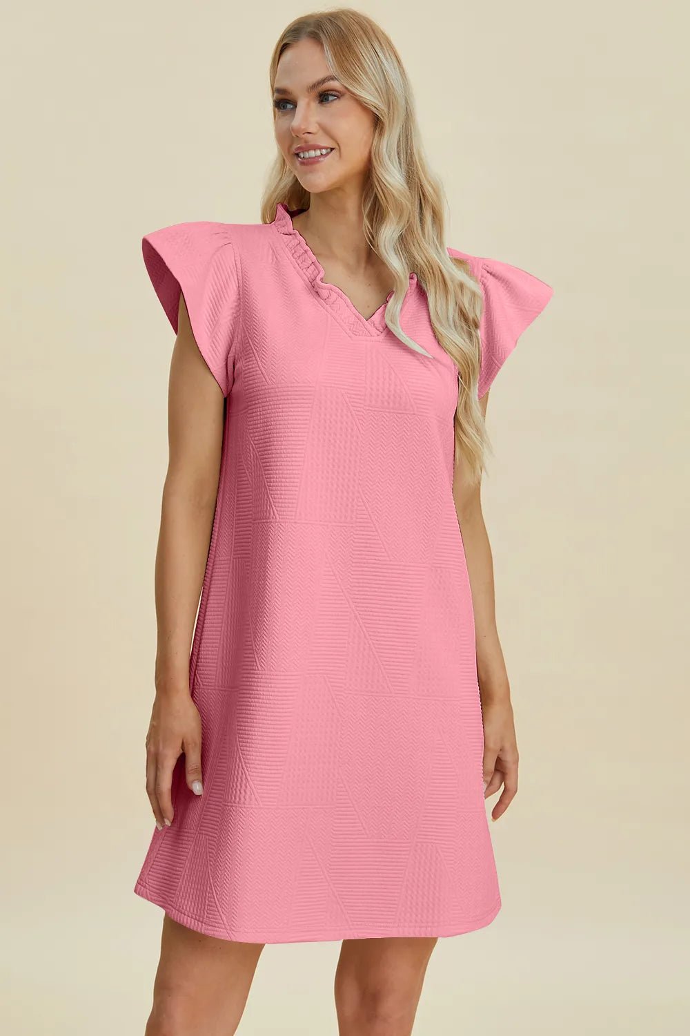 Double Take Full Size Ruffled V-Neck Cap Sleeve Dress - Desert Sunday