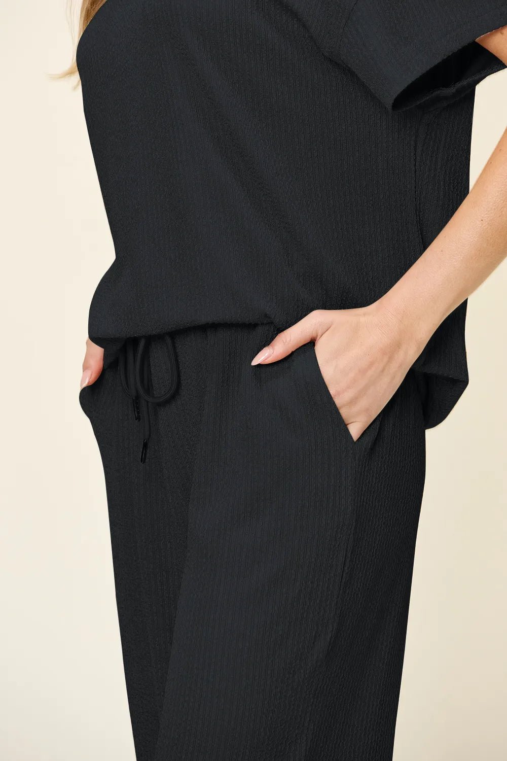 Double Take Full Size Texture Round Neck Short Sleeve T-Shirt and Wide Leg Pants - Desert Sunday