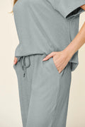 Double Take Full Size Texture Round Neck Short Sleeve T-Shirt and Wide Leg Pants - Desert Sunday