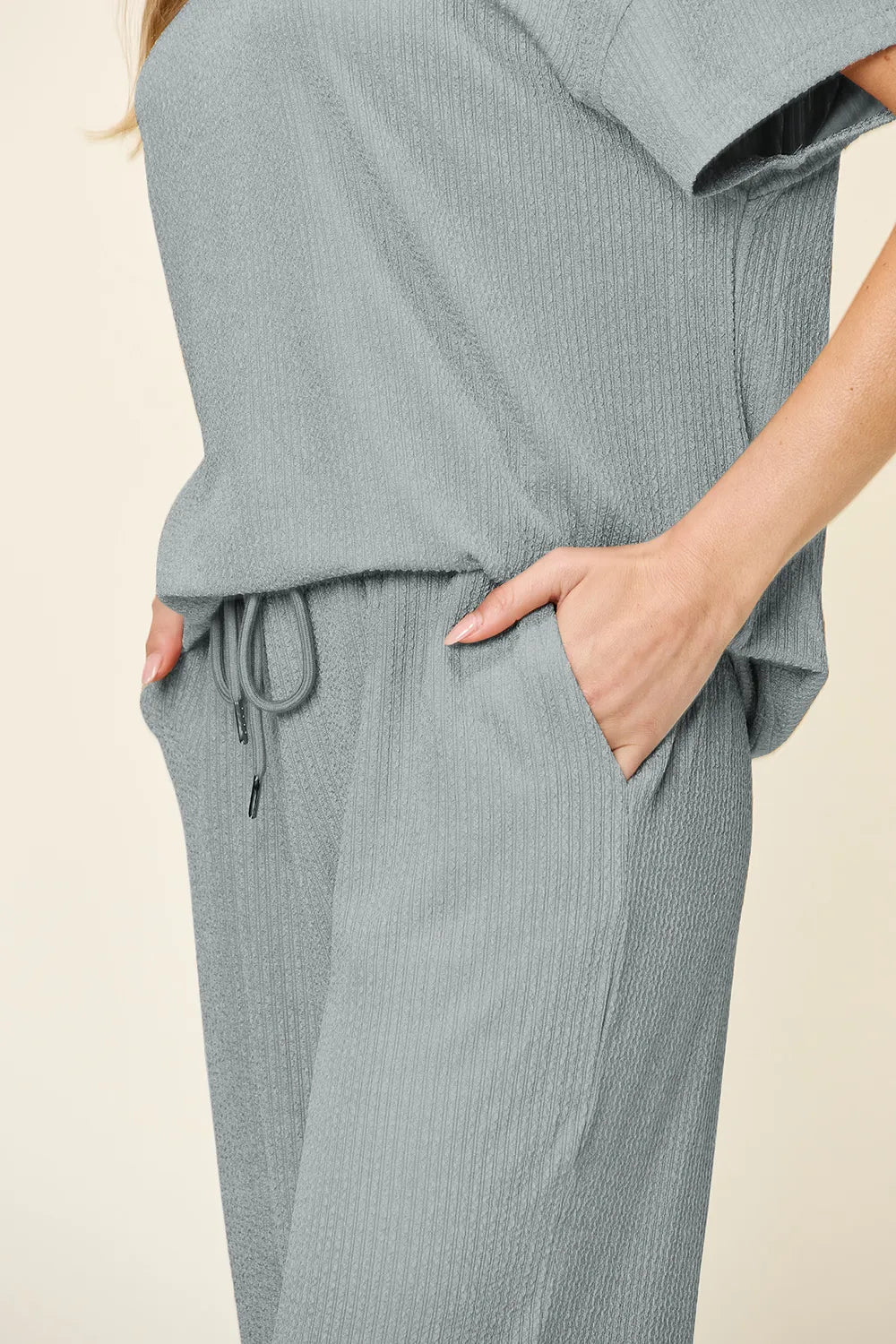 Double Take Full Size Texture Round Neck Short Sleeve T-Shirt and Wide Leg Pants - Desert Sunday