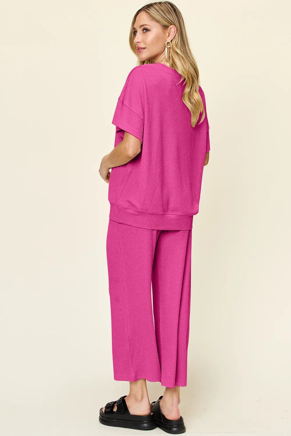 Double Take Full Size Texture Round Neck Short Sleeve T-Shirt and Wide Leg Pants - Desert Sunday