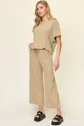 Double Take Full Size Texture Round Neck Short Sleeve T-Shirt and Wide Leg Pants - Desert Sunday