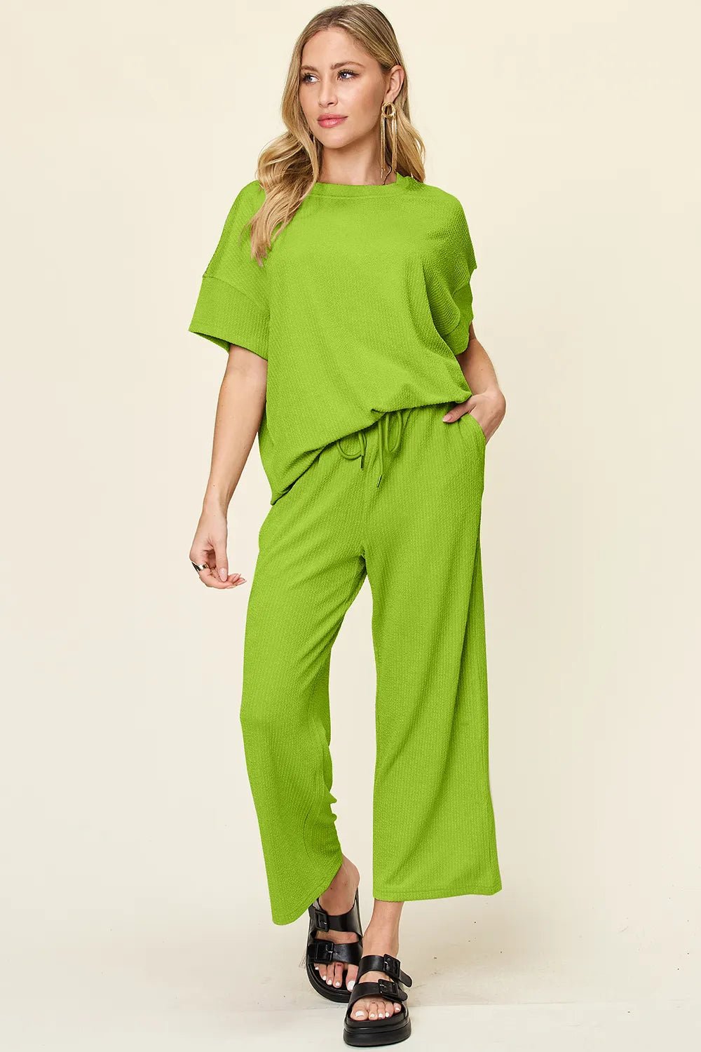 Double Take Full Size Texture Round Neck Short Sleeve T-Shirt and Wide Leg Pants - Desert Sunday