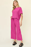 Double Take Full Size Texture Round Neck Short Sleeve T-Shirt and Wide Leg Pants - Desert Sunday