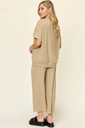 Double Take Full Size Texture Round Neck Short Sleeve T-Shirt and Wide Leg Pants - Desert Sunday