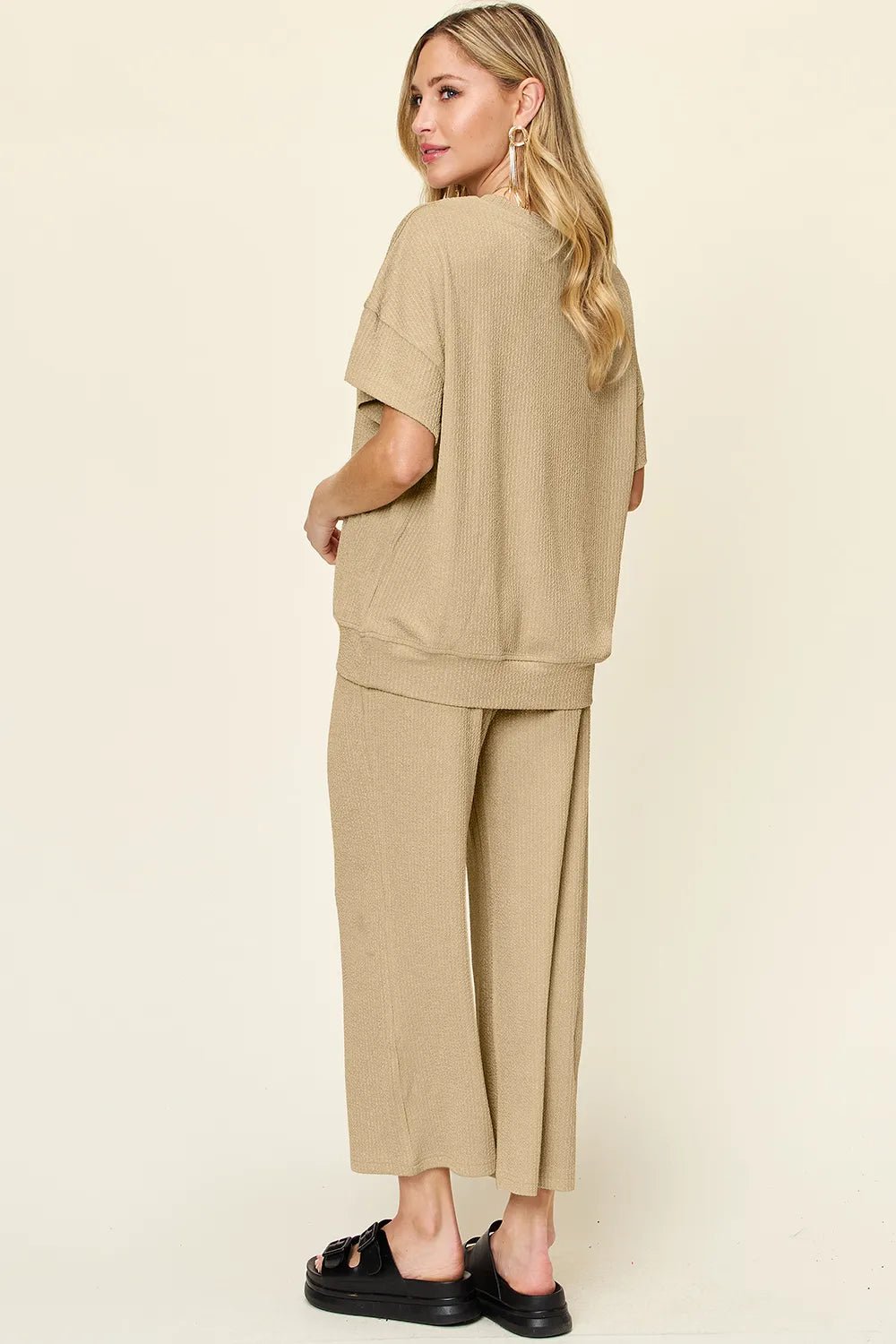 Double Take Full Size Texture Round Neck Short Sleeve T-Shirt and Wide Leg Pants - Desert Sunday