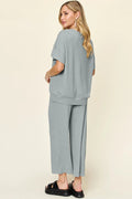 Double Take Full Size Texture Round Neck Short Sleeve T-Shirt and Wide Leg Pants - Desert Sunday