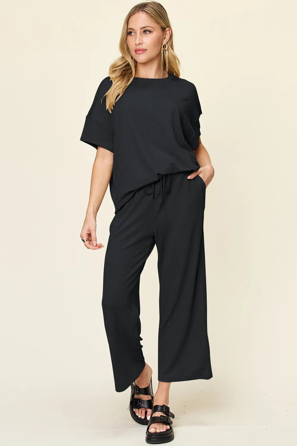 Double Take Full Size Texture Round Neck Short Sleeve T-Shirt and Wide Leg Pants - Desert Sunday