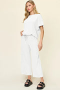 Double Take Full Size Texture Round Neck Short Sleeve T-Shirt and Wide Leg Pants - Desert Sunday