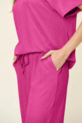 Double Take Full Size Texture Round Neck Short Sleeve T-Shirt and Wide Leg Pants - Desert Sunday