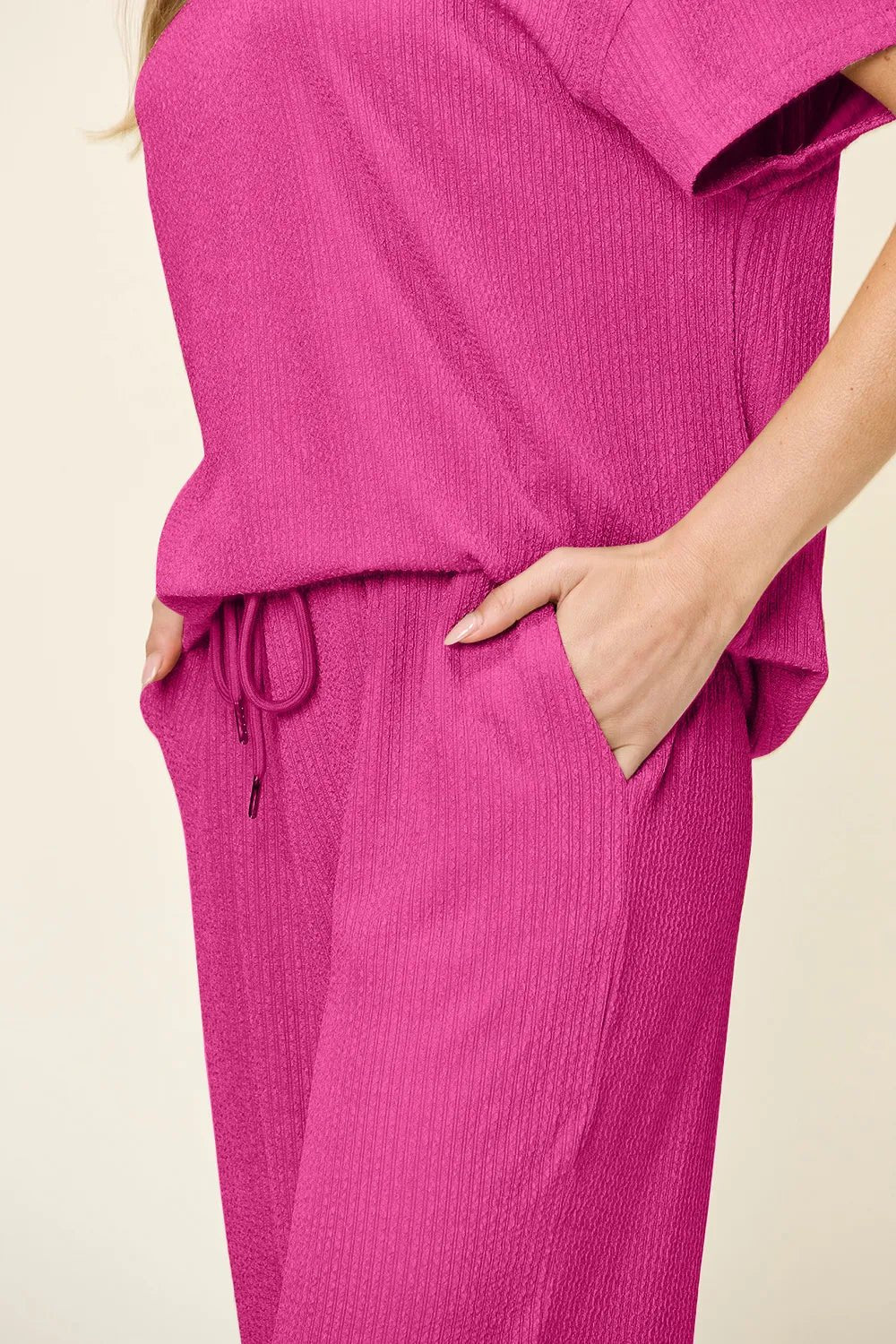 Double Take Full Size Texture Round Neck Short Sleeve T-Shirt and Wide Leg Pants - Desert Sunday