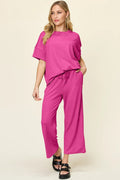 Double Take Full Size Texture Round Neck Short Sleeve T-Shirt and Wide Leg Pants - Desert Sunday