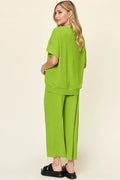 Double Take Full Size Texture Round Neck Short Sleeve T-Shirt and Wide Leg Pants - Desert Sunday
