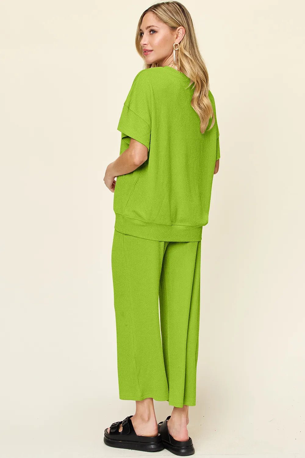 Double Take Full Size Texture Round Neck Short Sleeve T-Shirt and Wide Leg Pants - Desert Sunday