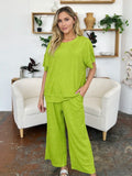 Double Take Full Size Texture Round Neck Short Sleeve T-Shirt and Wide Leg Pants - Desert Sunday