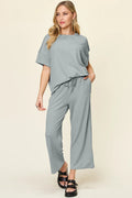Double Take Full Size Texture Round Neck Short Sleeve T-Shirt and Wide Leg Pants - Desert Sunday
