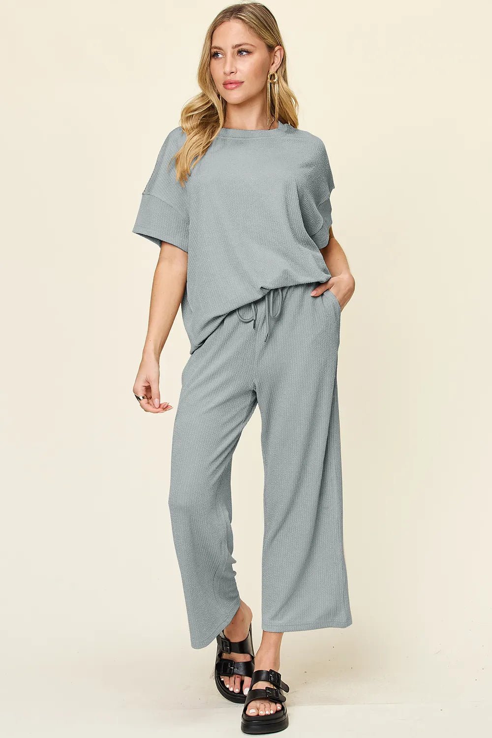 Double Take Full Size Texture Round Neck Short Sleeve T-Shirt and Wide Leg Pants - Desert Sunday