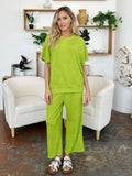 Double Take Full Size Texture Round Neck Short Sleeve T-Shirt and Wide Leg Pants - Desert Sunday