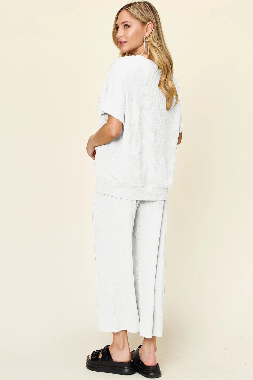 Double Take Full Size Texture Round Neck Short Sleeve T-Shirt and Wide Leg Pants - Desert Sunday