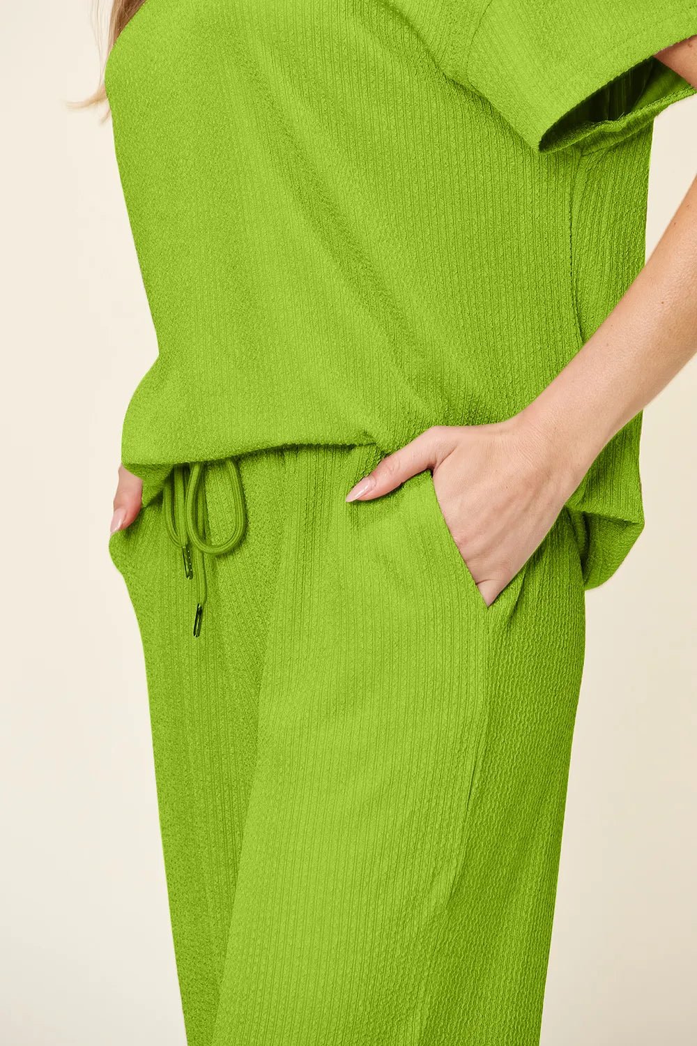 Double Take Full Size Texture Round Neck Short Sleeve T-Shirt and Wide Leg Pants - Desert Sunday