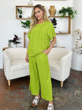 Double Take Full Size Texture Round Neck Short Sleeve T-Shirt and Wide Leg Pants - Desert Sunday