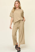Double Take Full Size Texture Round Neck Short Sleeve T-Shirt and Wide Leg Pants - Desert Sunday