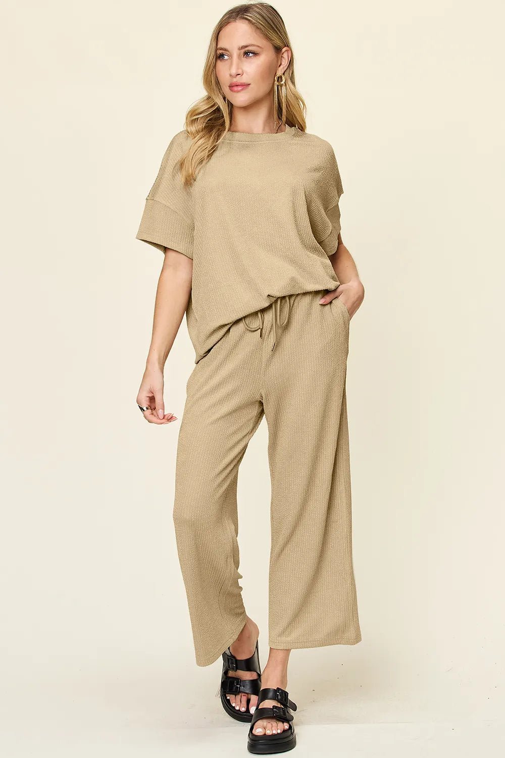 Double Take Full Size Texture Round Neck Short Sleeve T-Shirt and Wide Leg Pants - Desert Sunday