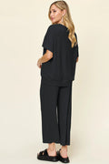 Double Take Full Size Texture Round Neck Short Sleeve T-Shirt and Wide Leg Pants - Desert Sunday