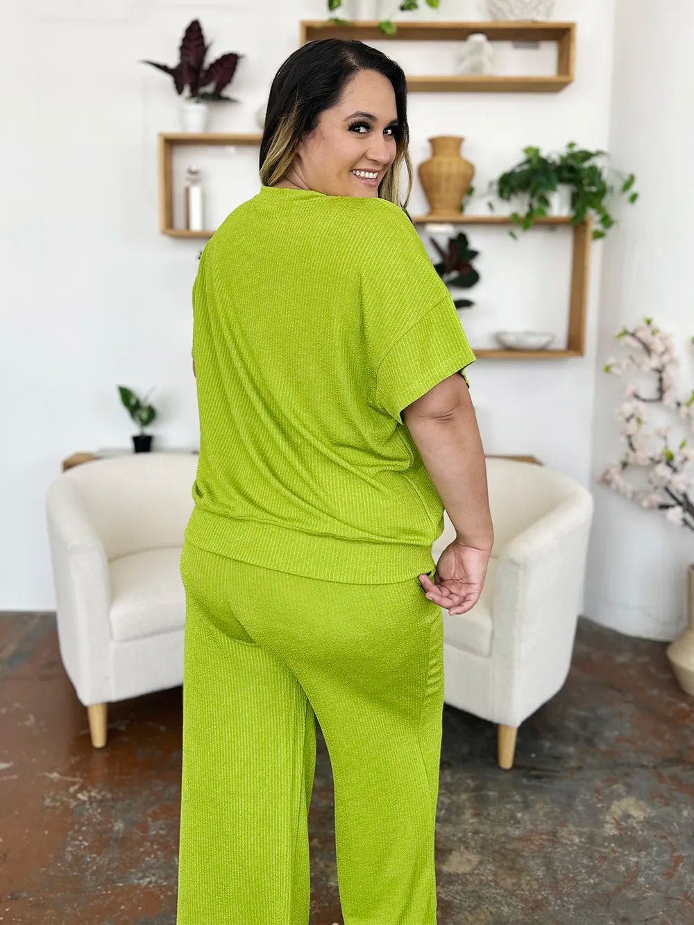 Double Take Full Size Texture Round Neck Short Sleeve T-Shirt and Wide Leg Pants - Desert Sunday