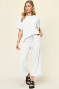 Double Take Full Size Texture Round Neck Short Sleeve T-Shirt and Wide Leg Pants - Desert Sunday