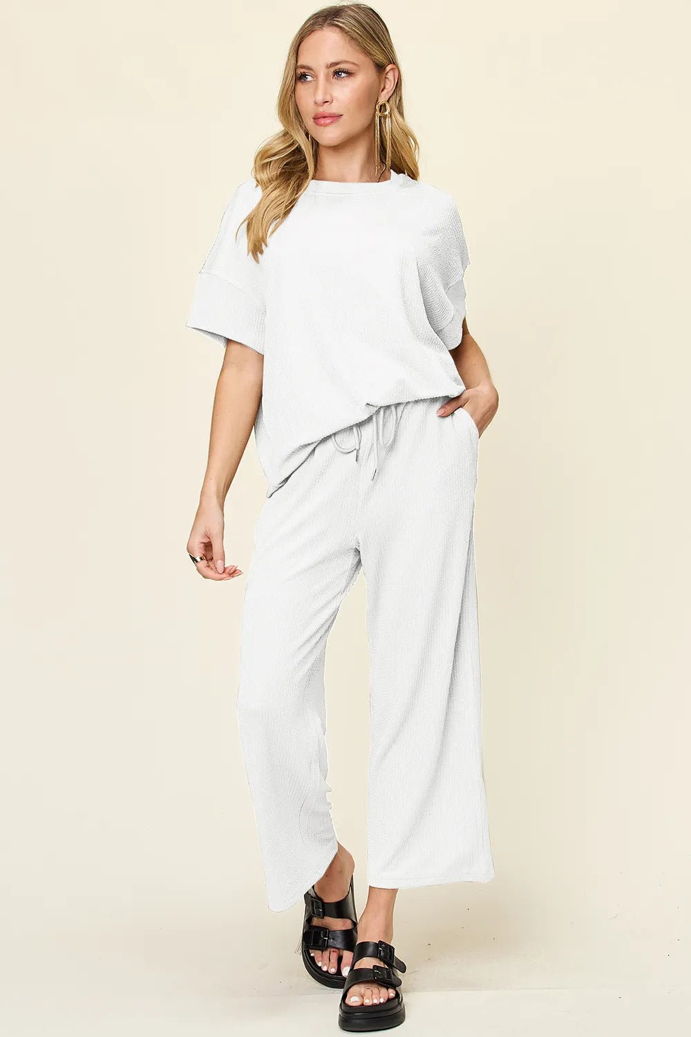 Double Take Full Size Texture Round Neck Short Sleeve T-Shirt and Wide Leg Pants - Desert Sunday