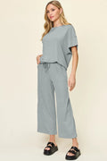 Double Take Full Size Texture Round Neck Short Sleeve T-Shirt and Wide Leg Pants - Desert Sunday