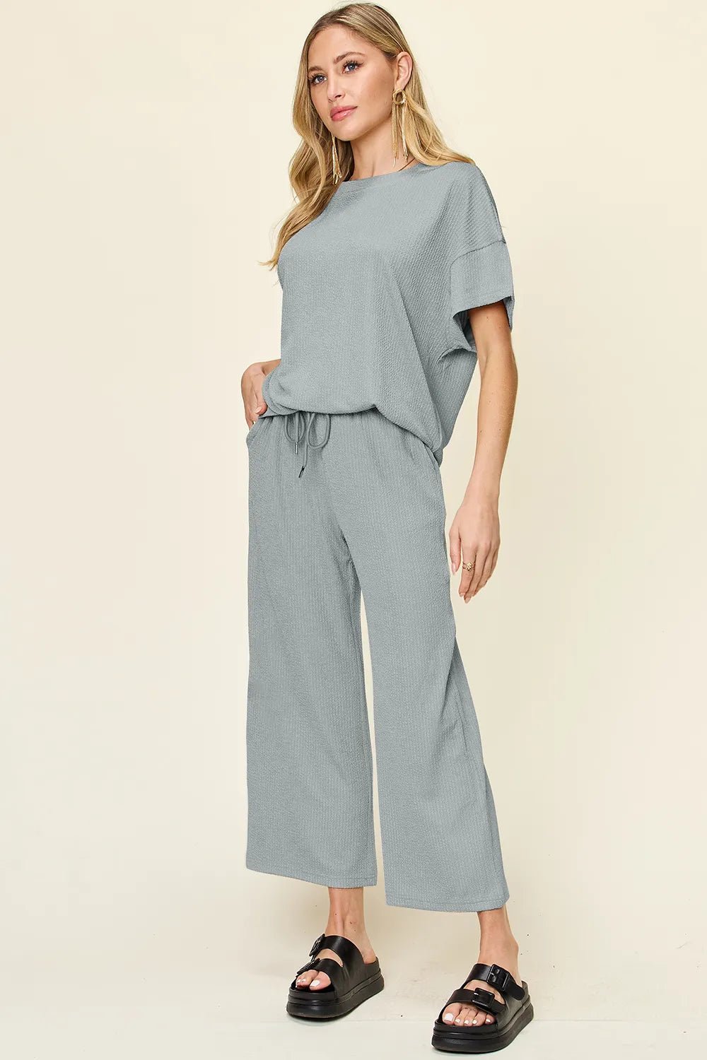 Double Take Full Size Texture Round Neck Short Sleeve T-Shirt and Wide Leg Pants - Desert Sunday