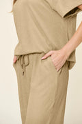 Double Take Full Size Texture Round Neck Short Sleeve T-Shirt and Wide Leg Pants - Desert Sunday