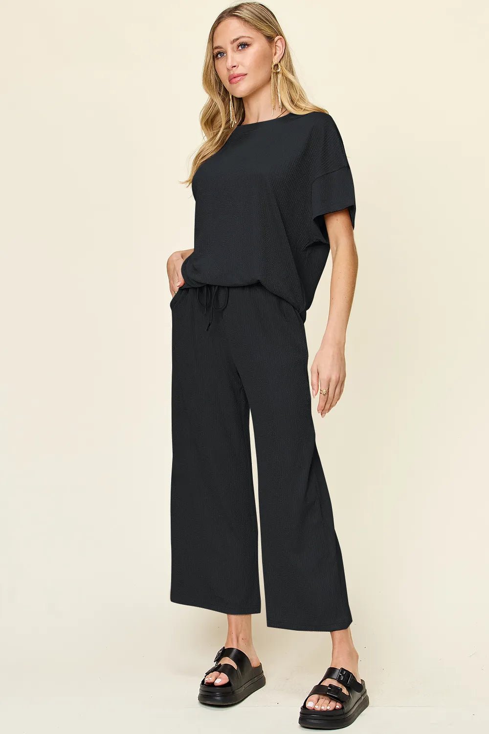 Double Take Full Size Texture Round Neck Short Sleeve T-Shirt and Wide Leg Pants - Desert Sunday
