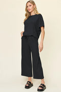 Double Take Full Size Texture Round Neck Short Sleeve T-Shirt and Wide Leg Pants - Desert Sunday