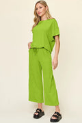 Double Take Full Size Texture Round Neck Short Sleeve T-Shirt and Wide Leg Pants - Desert Sunday