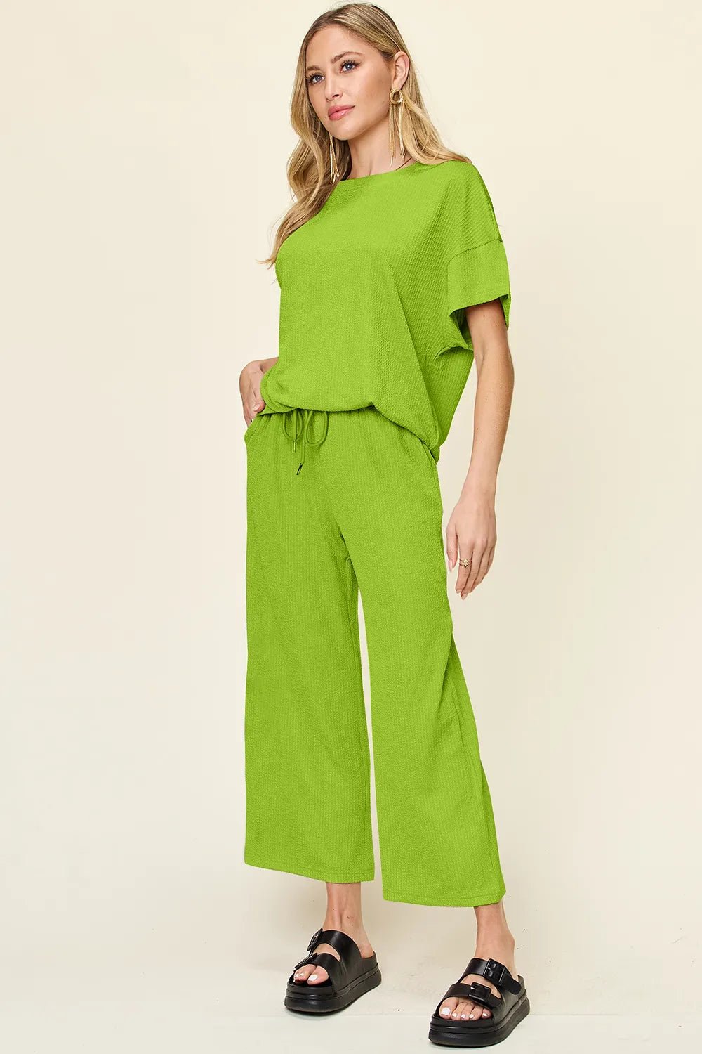 Double Take Full Size Texture Round Neck Short Sleeve T-Shirt and Wide Leg Pants - Desert Sunday