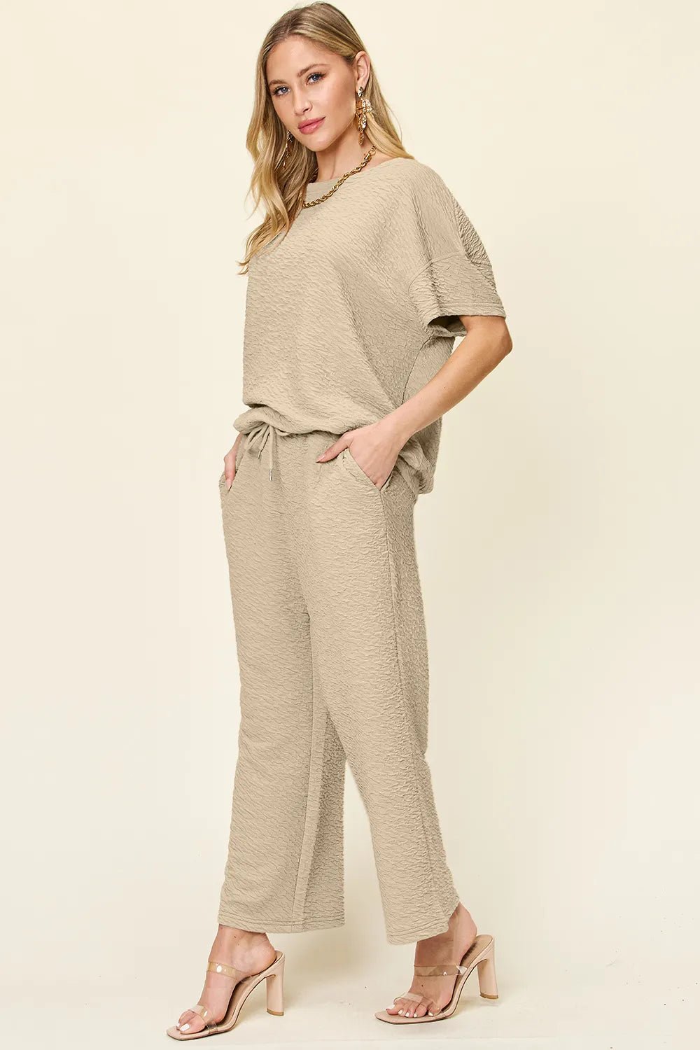 Double Take Full Size Texture Short Sleeve Top and Pants Set - Desert Sunday