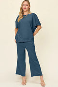 Double Take Full Size Texture Short Sleeve Top and Pants Set - Desert Sunday