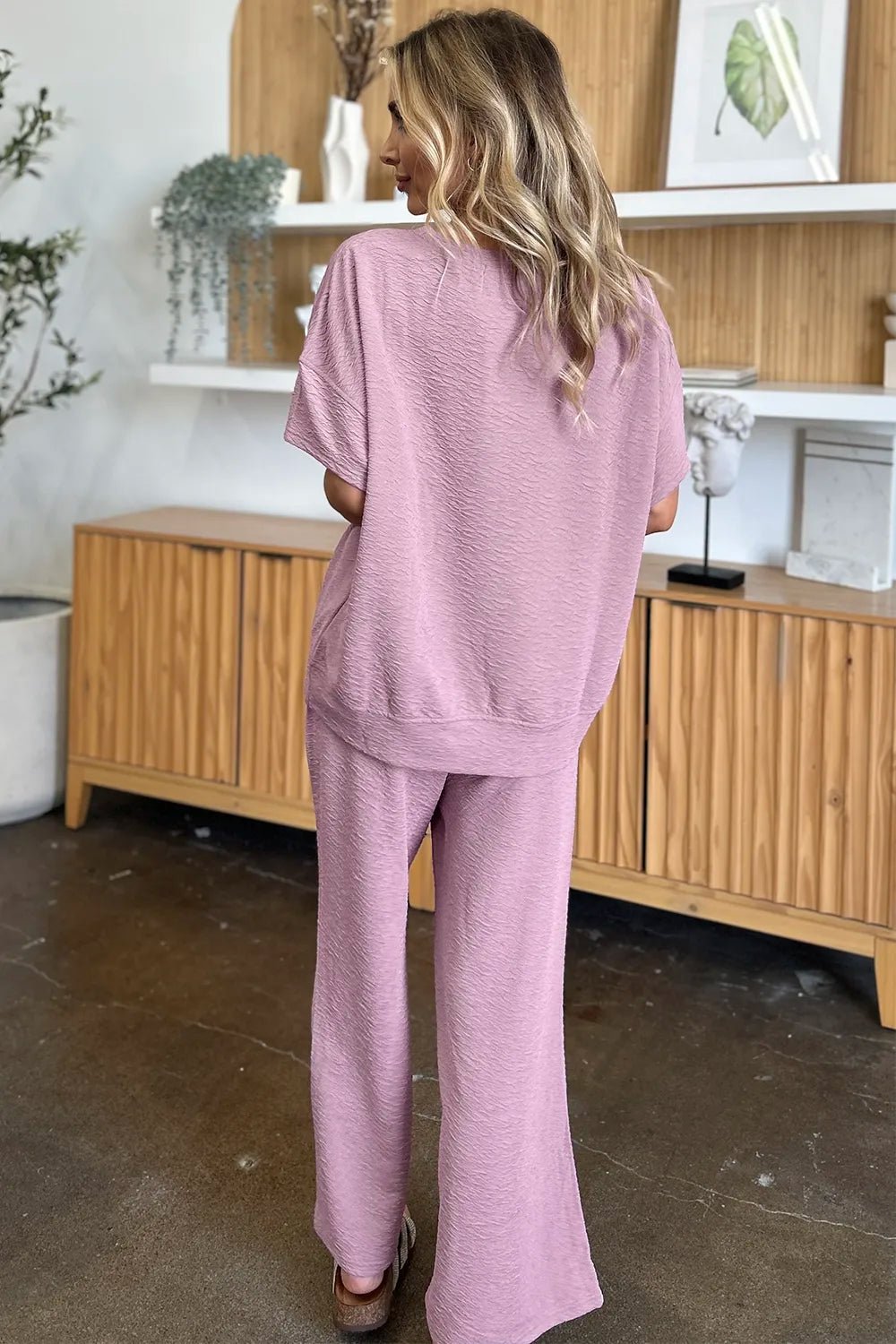 Double Take Full Size Texture Short Sleeve Top and Pants Set - Desert Sunday