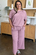 Double Take Full Size Texture Short Sleeve Top and Pants Set - Desert Sunday