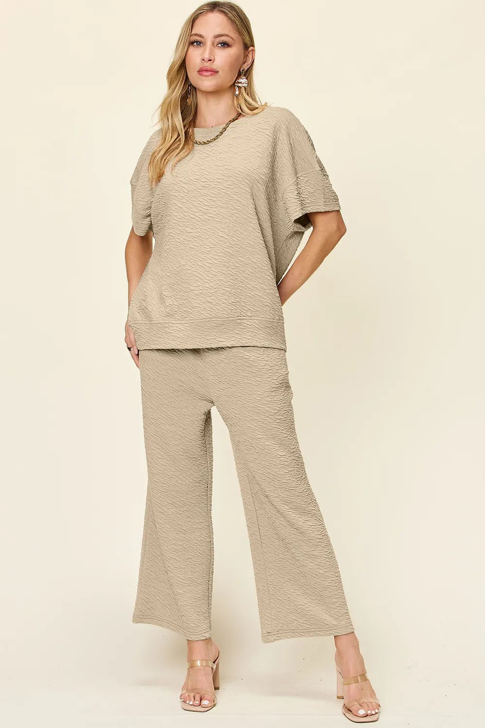 Double Take Full Size Texture Short Sleeve Top and Pants Set - Desert Sunday