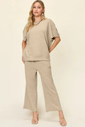 Double Take Full Size Texture Short Sleeve Top and Pants Set - Desert Sunday