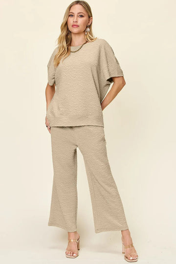 Double Take Full Size Texture Short Sleeve Top and Pants Set - Desert Sunday
