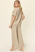 Double Take Full Size Texture Short Sleeve Top and Pants Set - Desert Sunday