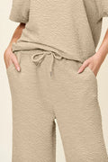 Double Take Full Size Texture Short Sleeve Top and Pants Set - Desert Sunday