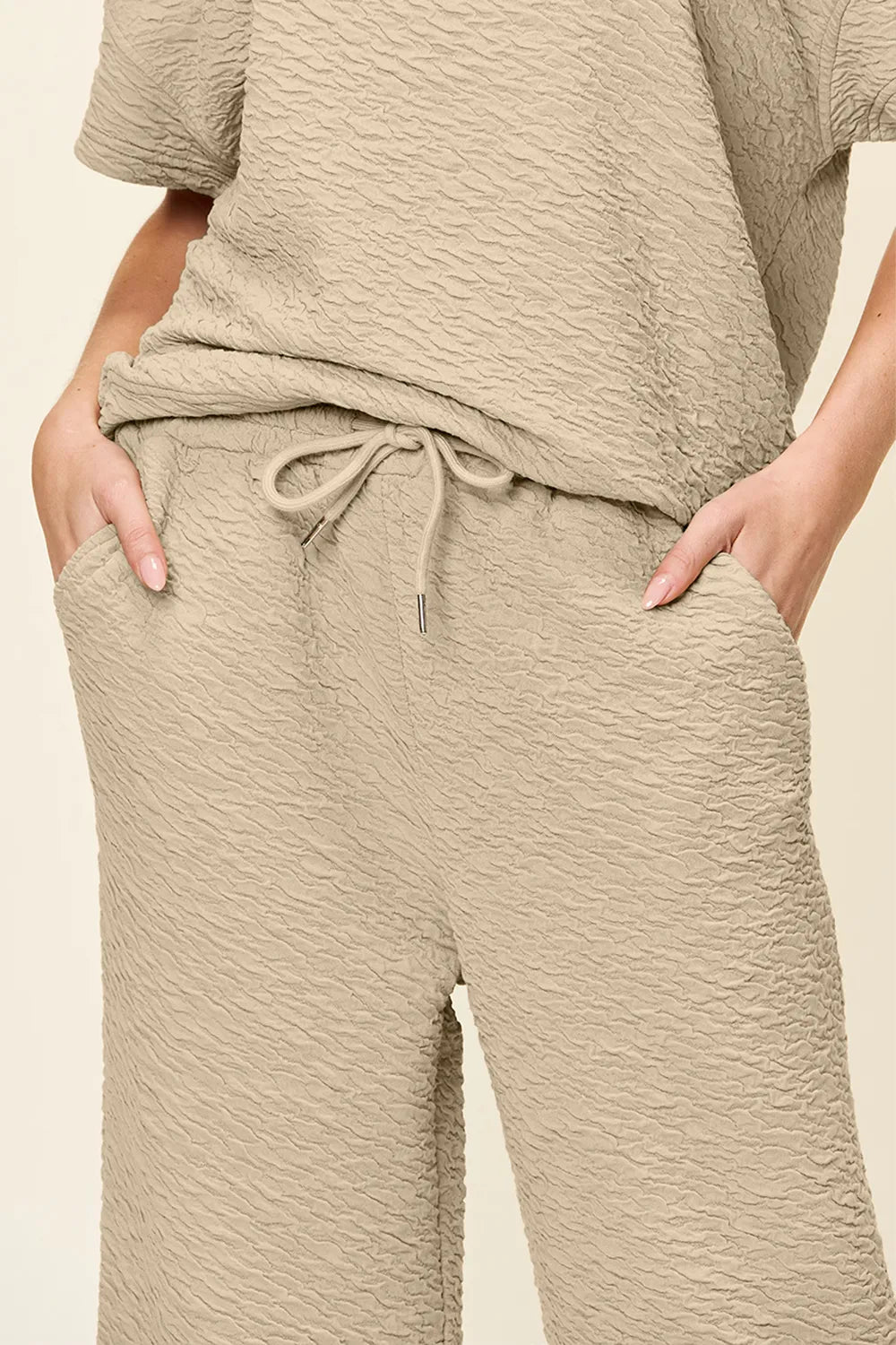 Double Take Full Size Texture Short Sleeve Top and Pants Set - Desert Sunday