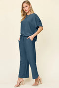 Double Take Full Size Texture Short Sleeve Top and Pants Set - Desert Sunday