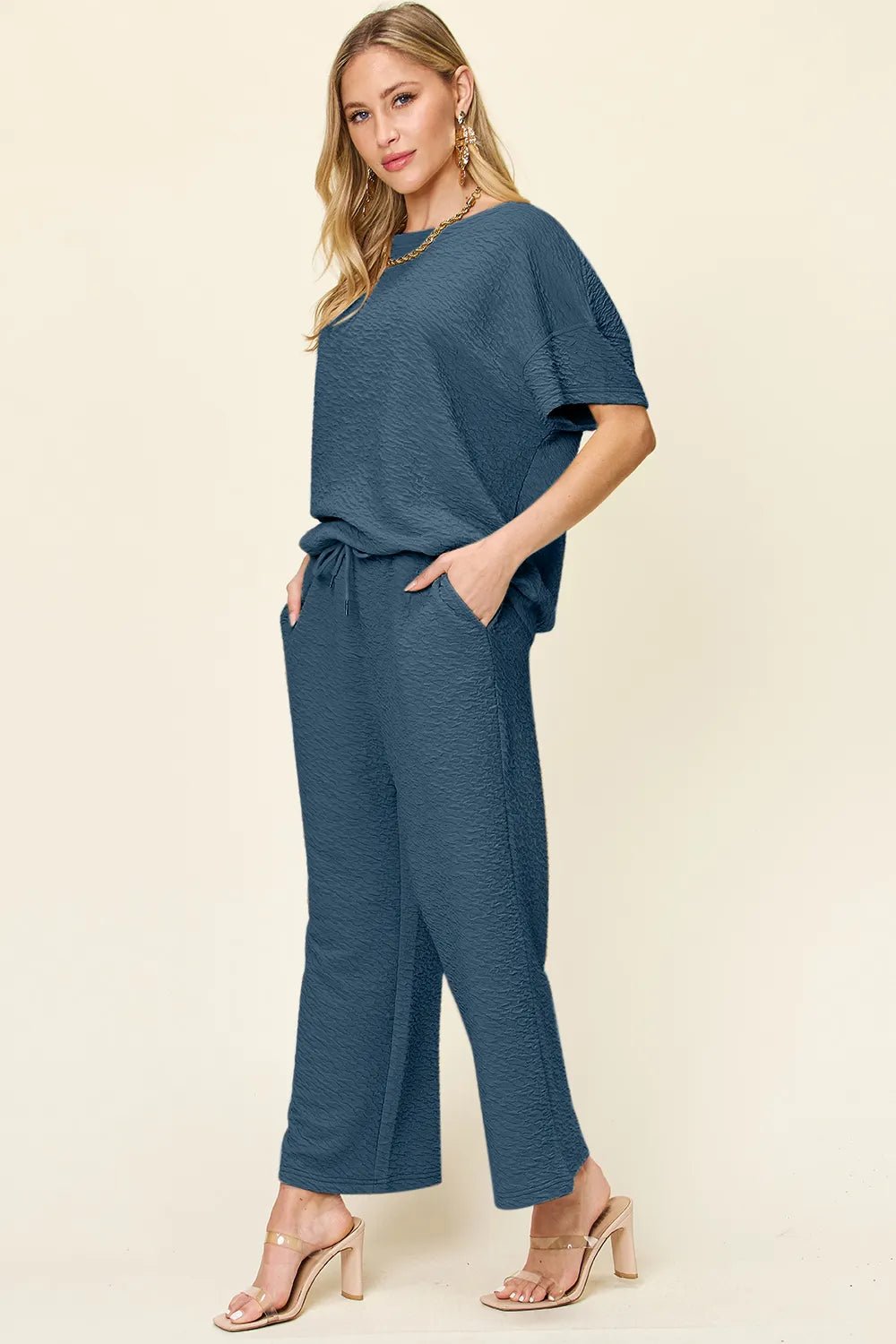Double Take Full Size Texture Short Sleeve Top and Pants Set - Desert Sunday